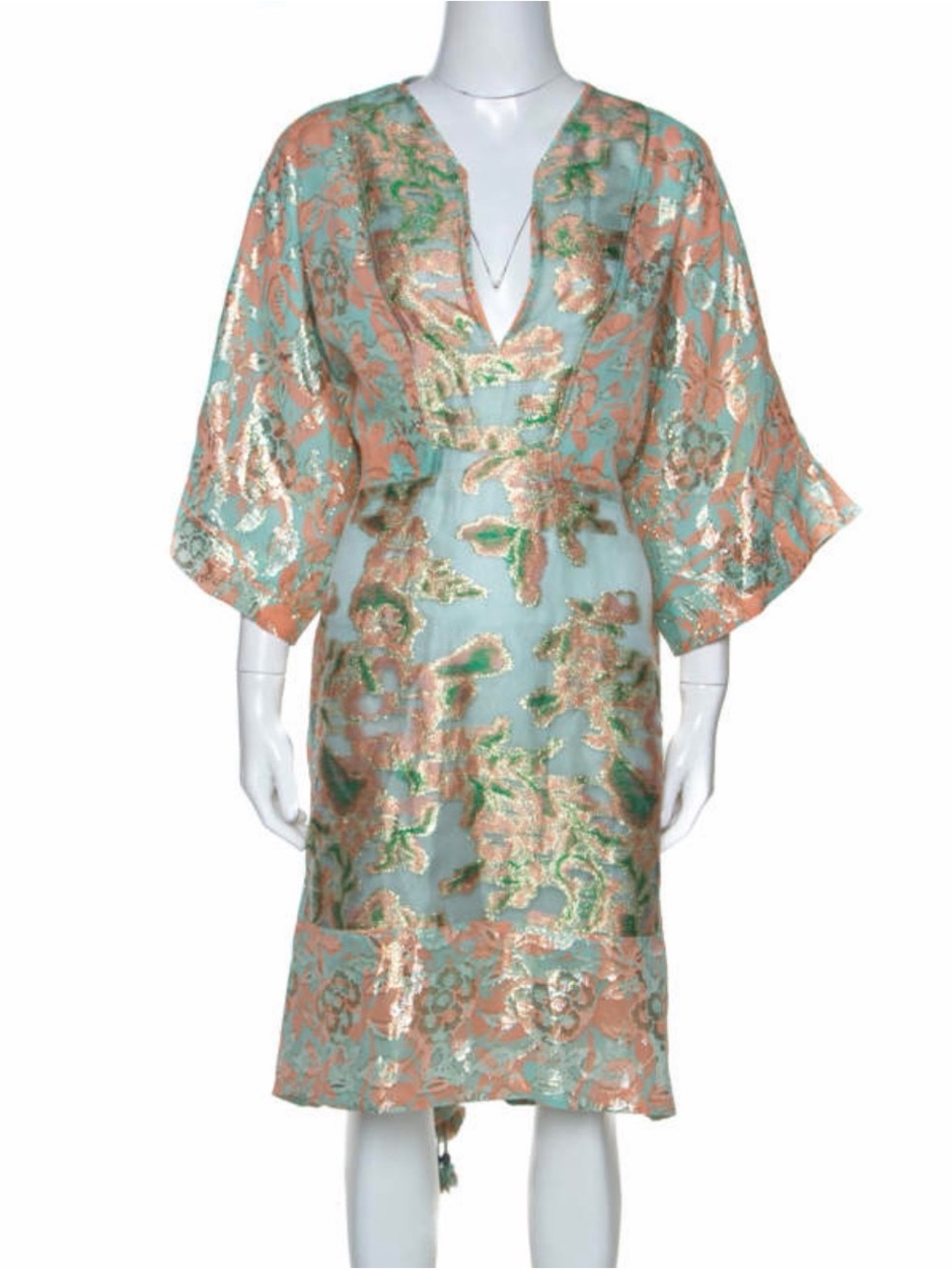 🔥Tory Burch Floral Jacquard V-Neck McKenna Kimono Dress in Mint and Peach